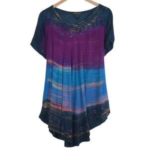 GreaterGood Ombre Embroidered Beaded Tunic Top OS Blue Purple Flowy Boho S/S